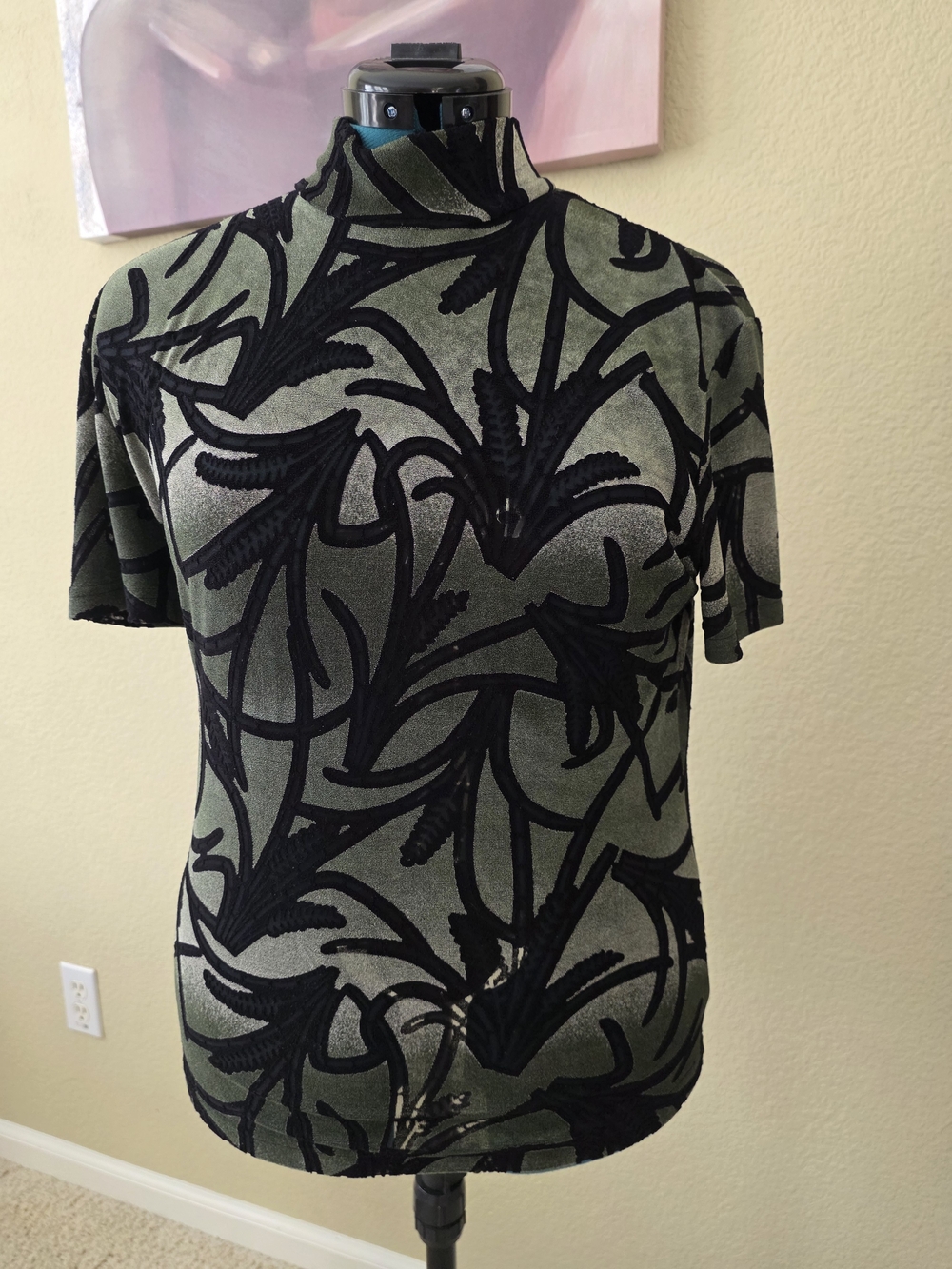 Women’s Olive Green Short-Sleeve Mock Neck Top with Black Velvet Flocked Pattern